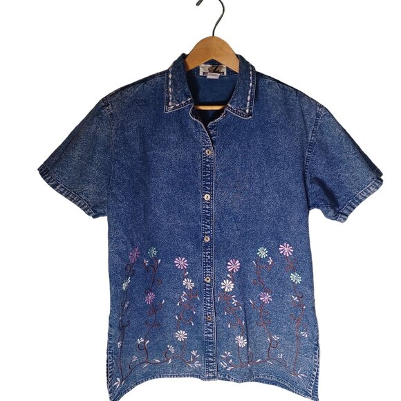 Vintage Denim Shirt Womens Medium Embroidered Floral Cottagecore Acid Wash 80s - Picture 1 of 9